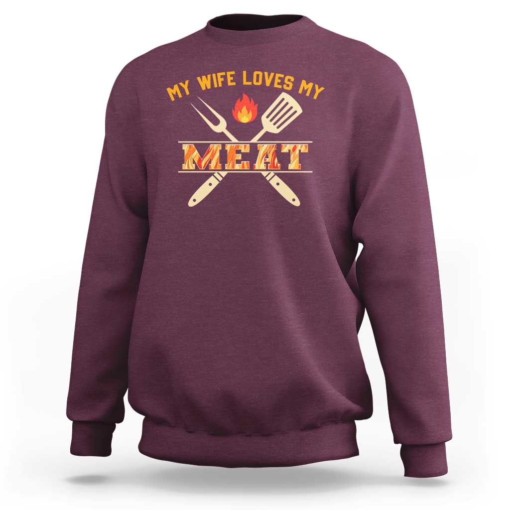 Crewneck sweatshirt, heather maroon, BBQ flame and meat graphic on back