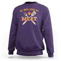 Crewneck sweatshirt, heather purple, BBQ flame and meat graphic on back