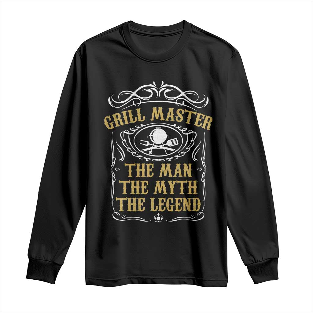 Black long sleeve BBQ grill master shirt with grill graphic, 'The Man The Myth The Legend'