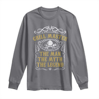 Charcoal gray long sleeve BBQ grill master shirt with grill graphic, 'The Man The Myth The Legend'
