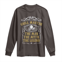 Dark chocolate long sleeve BBQ grill master shirt with grill graphic, 'The Man The Myth The Legend'