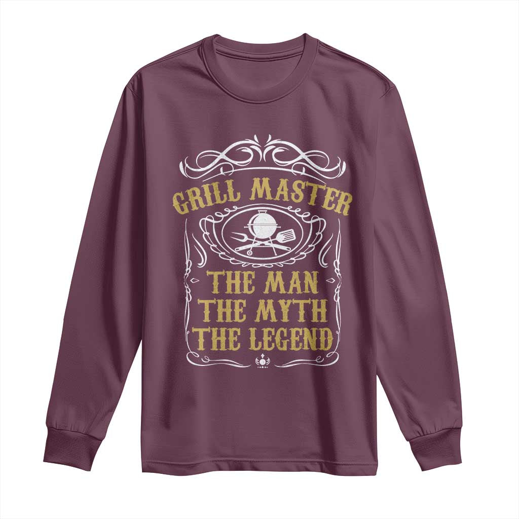 Maroon long sleeve BBQ grill master shirt with grill graphic, 'The Man The Myth The Legend'