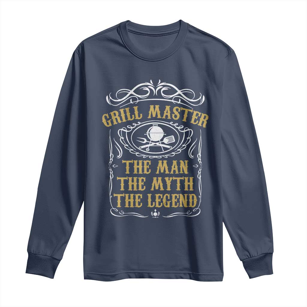 Navy long sleeve BBQ grill master shirt with grill graphic, 'The Man The Myth The Legend'