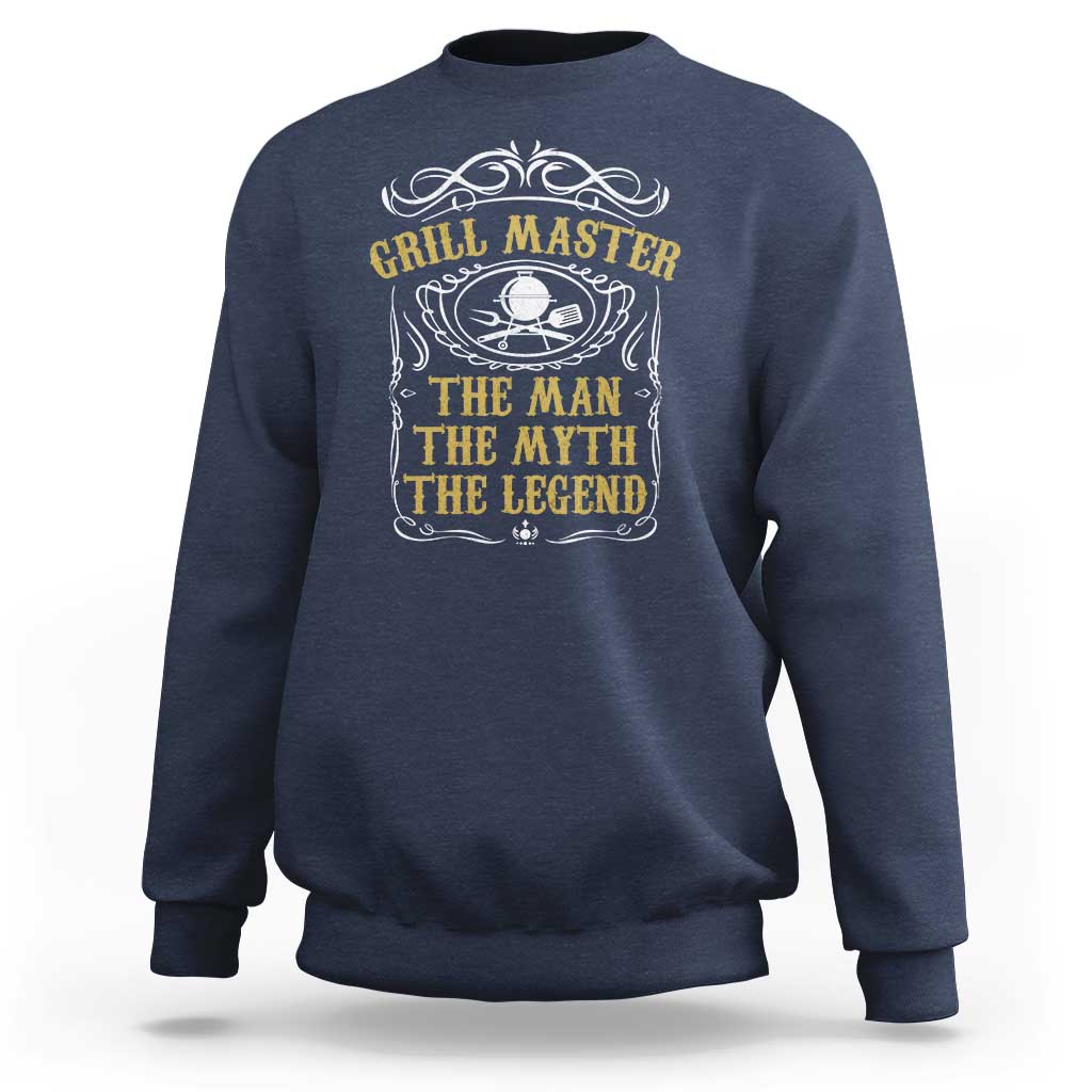 Navy crewneck sweatshirt with grill master emblem and “the myth” text graphic on chest