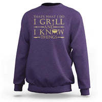 Purple grilling pitmaster sweatshirt with gold “I GRILL AND I KNOW THINGS” text