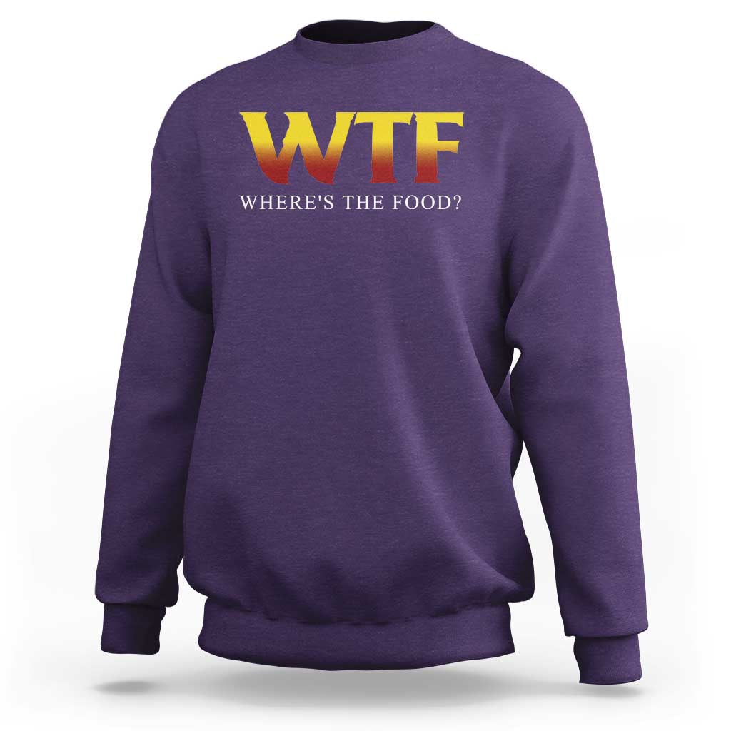 Purple crewneck sweatshirt with 'WTF' and 'Where's the food?' front print