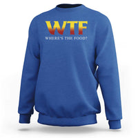 Royal blue crewneck sweatshirt with 'WTF' and 'Where's the food?' front print