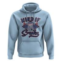 Light blue pullover hoodie with front smoking-themed patriotic graphic and text