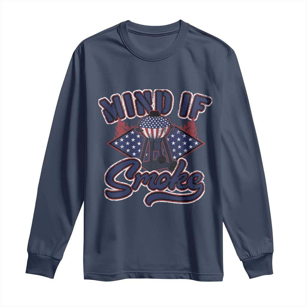 Navy long sleeve T-shirt with 'Mind If I Smoke' smoker graphic on front.