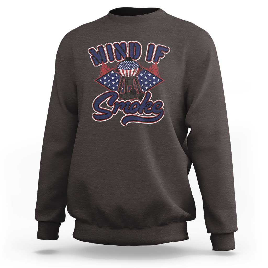 Dark chocolate brown sweatshirt with "MIND IF" "Smoke" graphic and grill/badge design