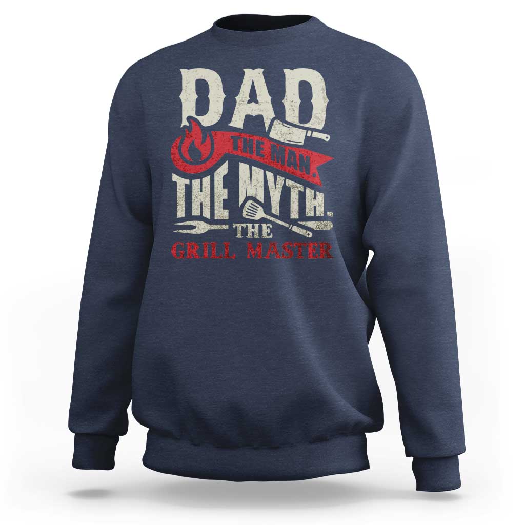 Navy men’s sweatshirt with “Dad” BBQ pitmaster graphic on the back
