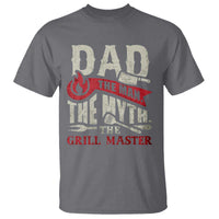 Charcoal gray men's BBQ grilling graphic T-shirt with "DAD" and "GRILL MASTER" front