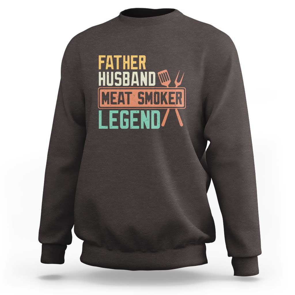 Men's dark chocolate crewneck sweatshirt with 'Meat Smoker' retro graphic on chest