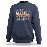 Men's navy crewneck sweatshirt with 'Meat Smoker' retro graphic on chest