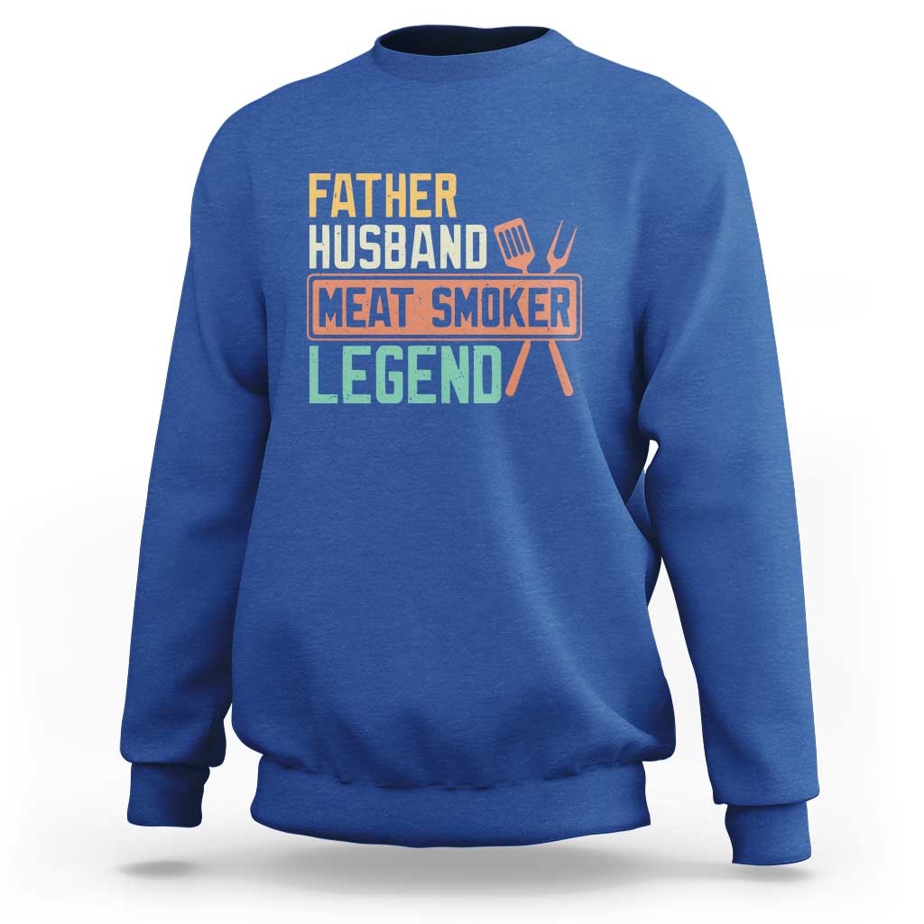 Men's royal blue crewneck sweatshirt with 'Meat Smoker' retro graphic on chest