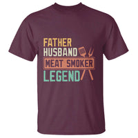 Maroon graphic T-shirt with “Father Husband Meat Smoker Legend” grill icon