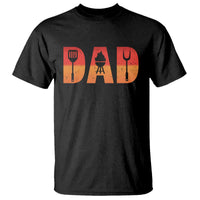 Men's black BBQ dad graphic T-shirt with orange-red grilling tools and DAD text