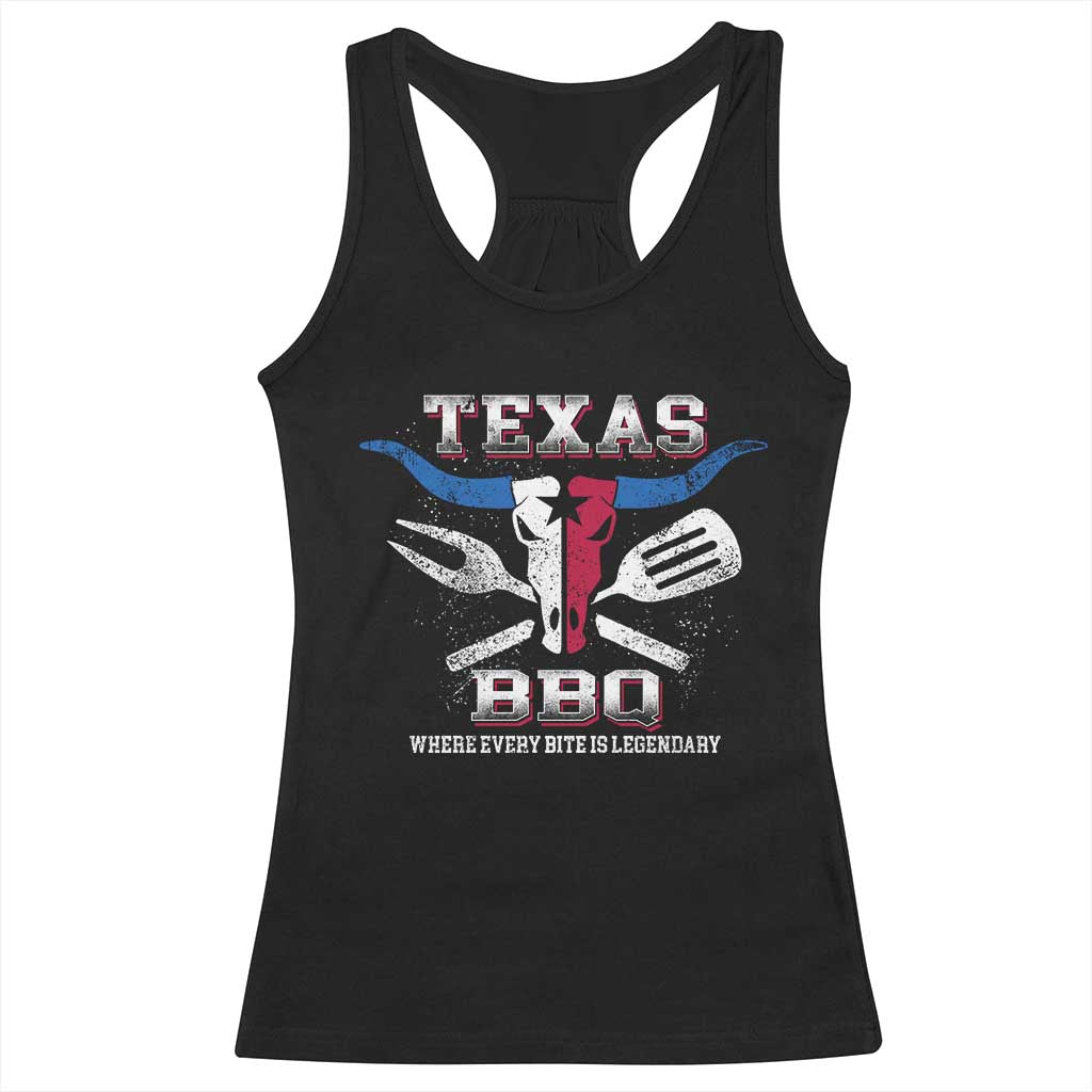 Texas BBQ Lover Racerback Tank Top Where Every Bite Is Legendary Texan Flag