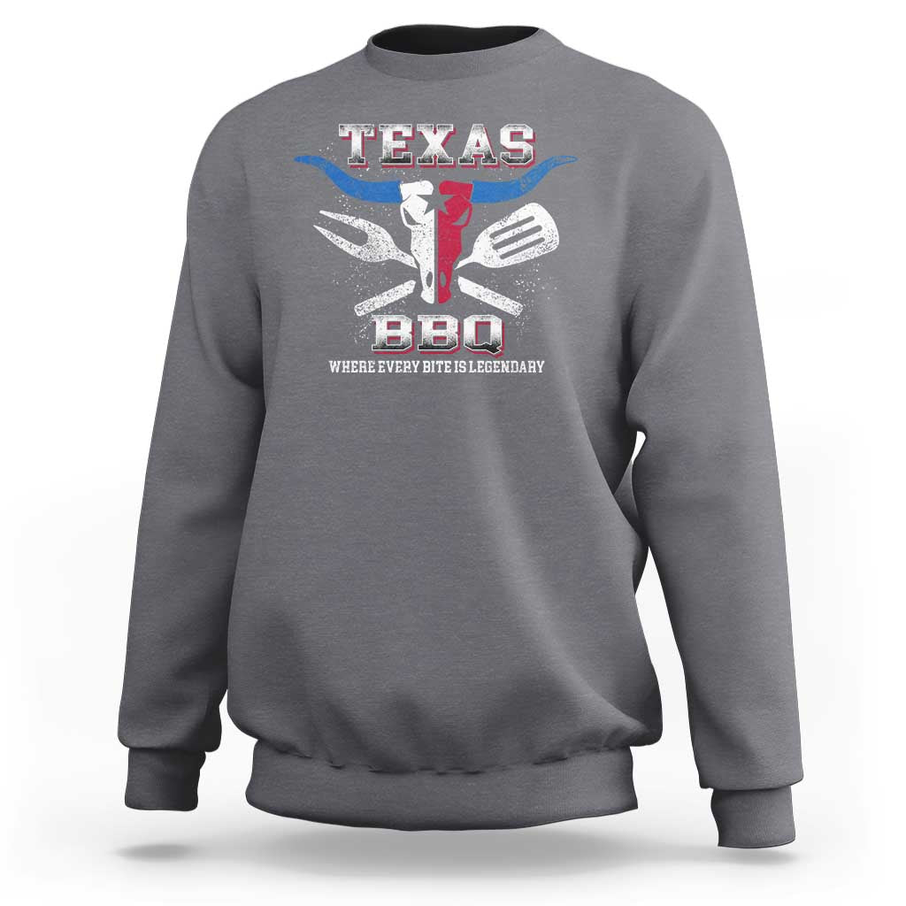 Texas BBQ lover sweatshirt in heather gray with front Texas BBQ graphic and crewneck