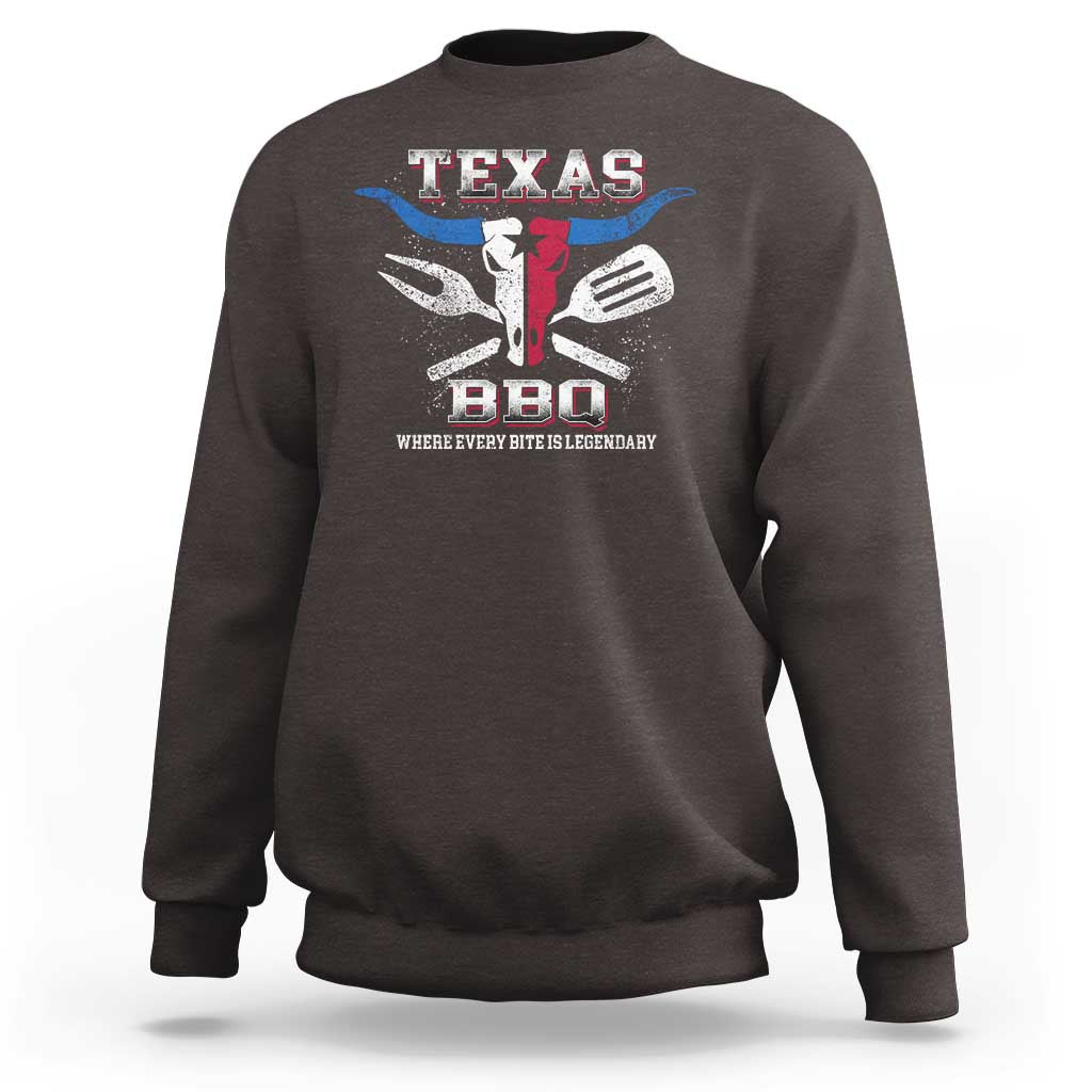 Texas BBQ lover sweatshirt in dark chocolate with front Texas BBQ graphic and crewneck