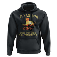Black hoodie with Texas BBQ front graphic and “Where every bite is Legendary” lettering