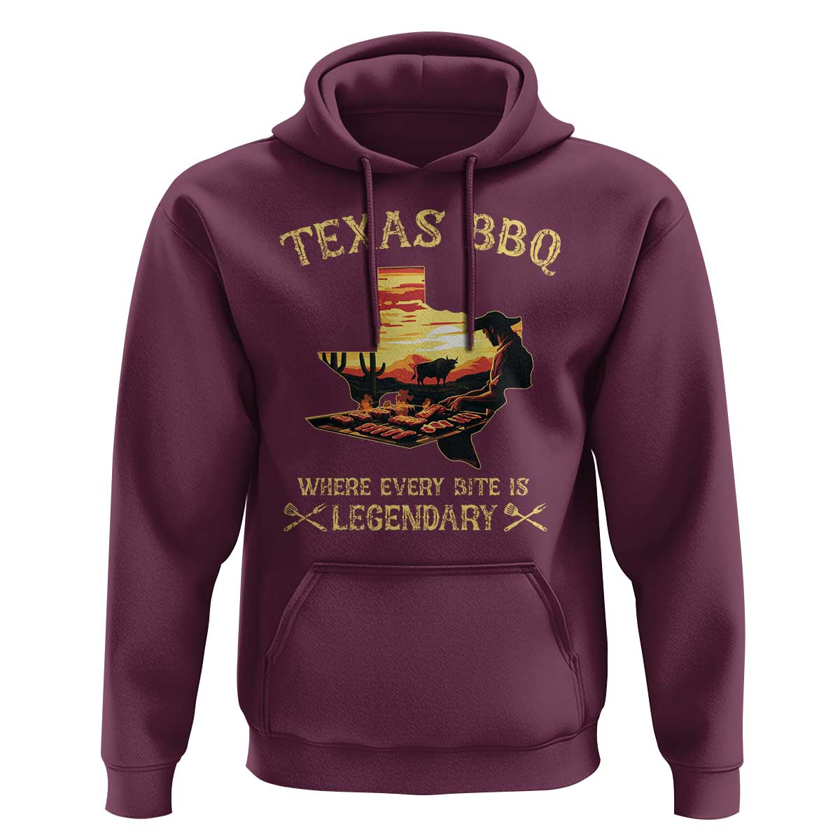 Maroon hoodie with Texas BBQ front graphic and “Where every bite is Legendary” lettering