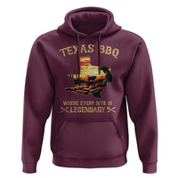 Maroon hoodie with Texas BBQ front graphic and “Where every bite is Legendary” lettering