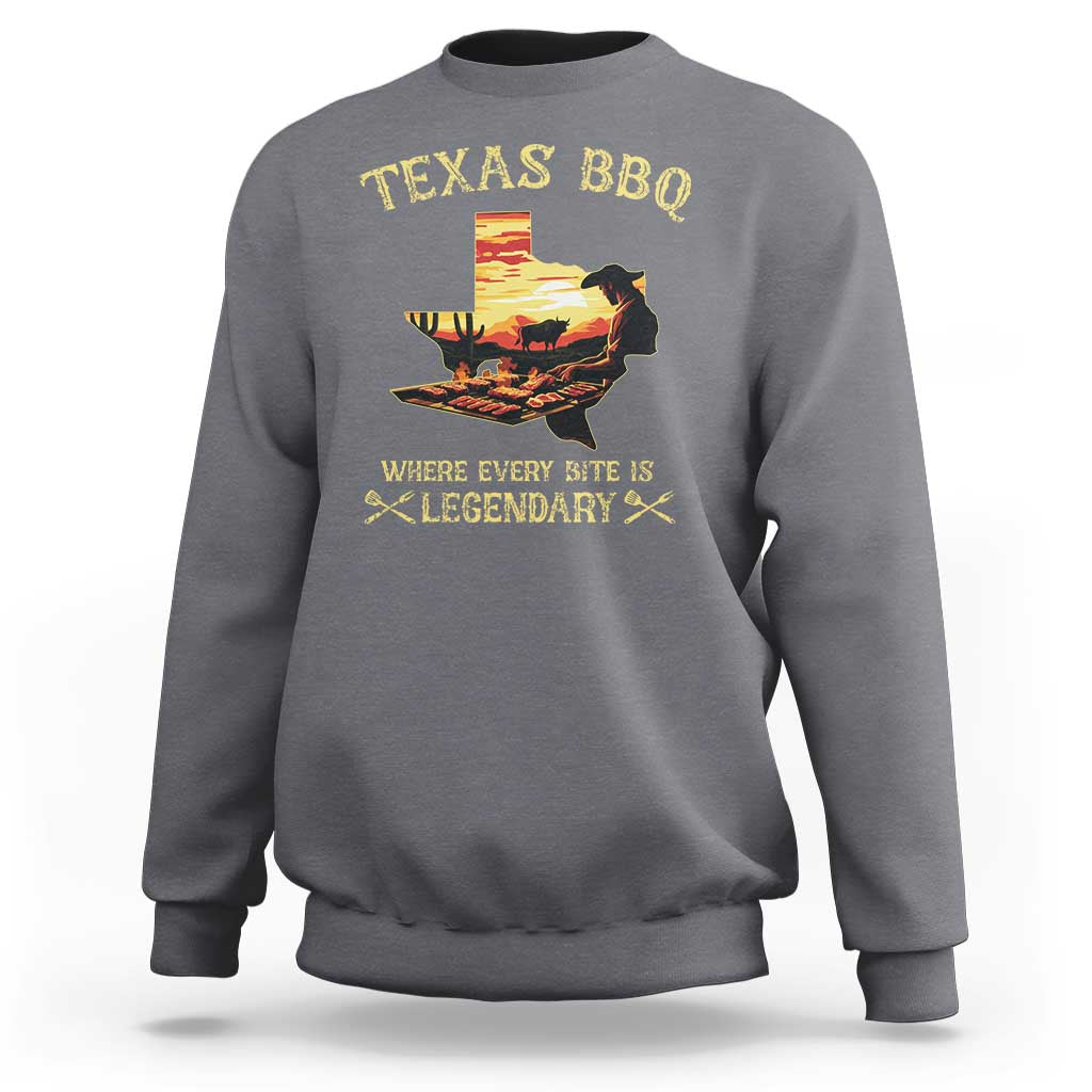 Charcoal gray crewneck sweatshirt with Texas BBQ and cowboy grill graphic on back