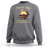 Charcoal gray crewneck sweatshirt with Texas BBQ and cowboy grill graphic on back
