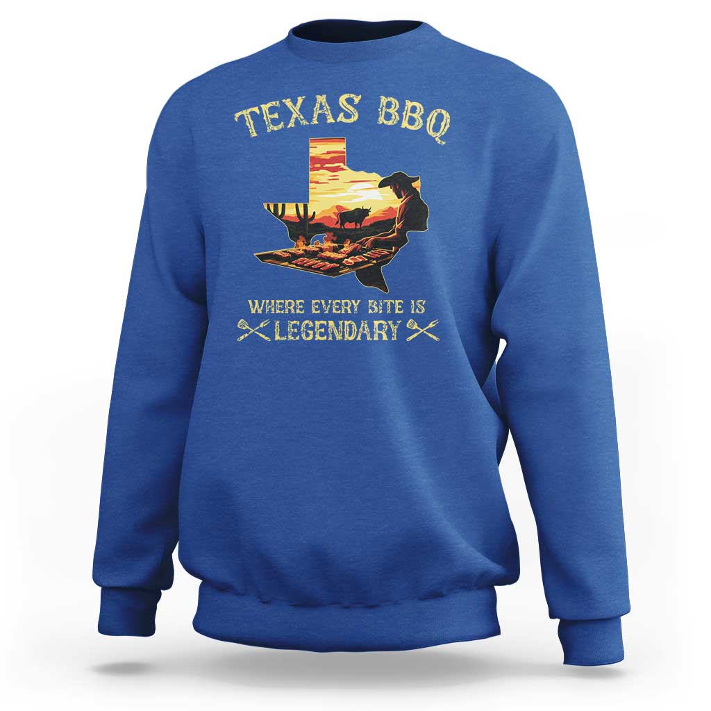 Royal blue crewneck sweatshirt with Texas BBQ and cowboy grill graphic on back