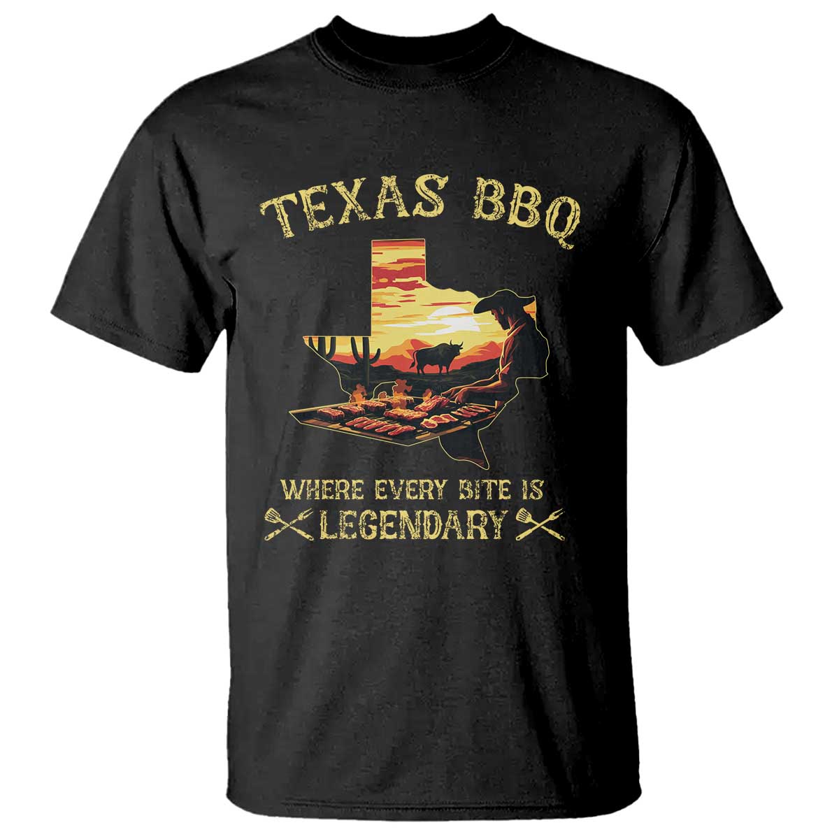 Black T-shirt with Texas BBQ front graphic and cowboy grilling logo text