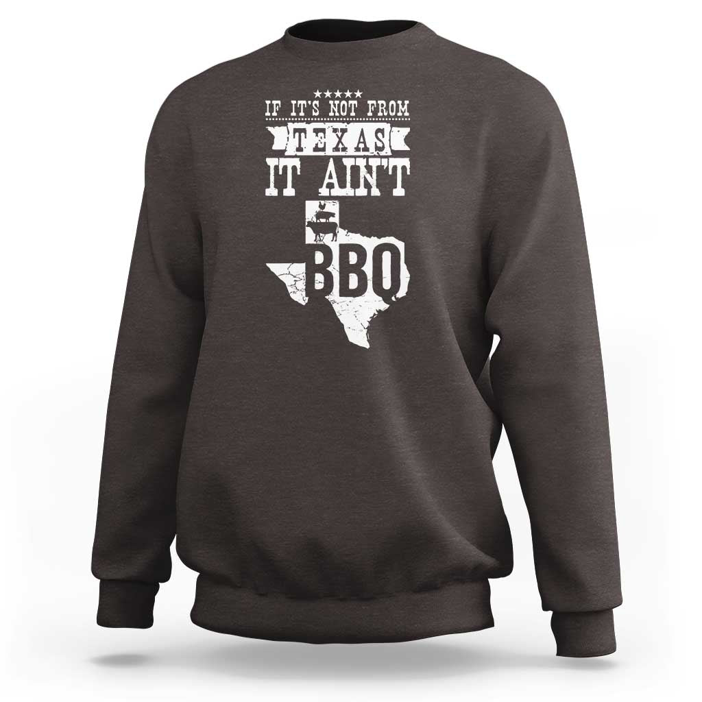 Dark chocolate crewneck sweatshirt with Texas BBQ slogan and Texas map graphic