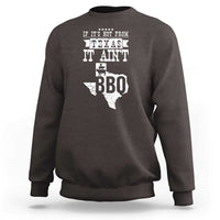 Dark chocolate crewneck sweatshirt with Texas BBQ slogan and Texas map graphic