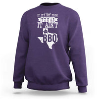 Purple crewneck sweatshirt with Texas BBQ slogan and Texas map graphic