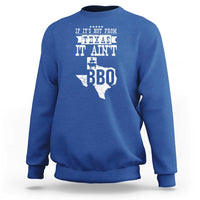 Royal blue crewneck sweatshirt with Texas BBQ slogan and Texas map graphic