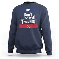 Navy BBQ sweatshirt with chest graphic reading “Don’t mess with Texas BBQ”