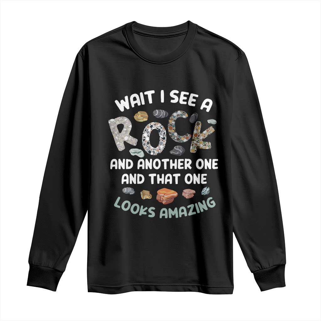 Black long sleeve T-shirt with "Rock" graphic and geology-themed text design