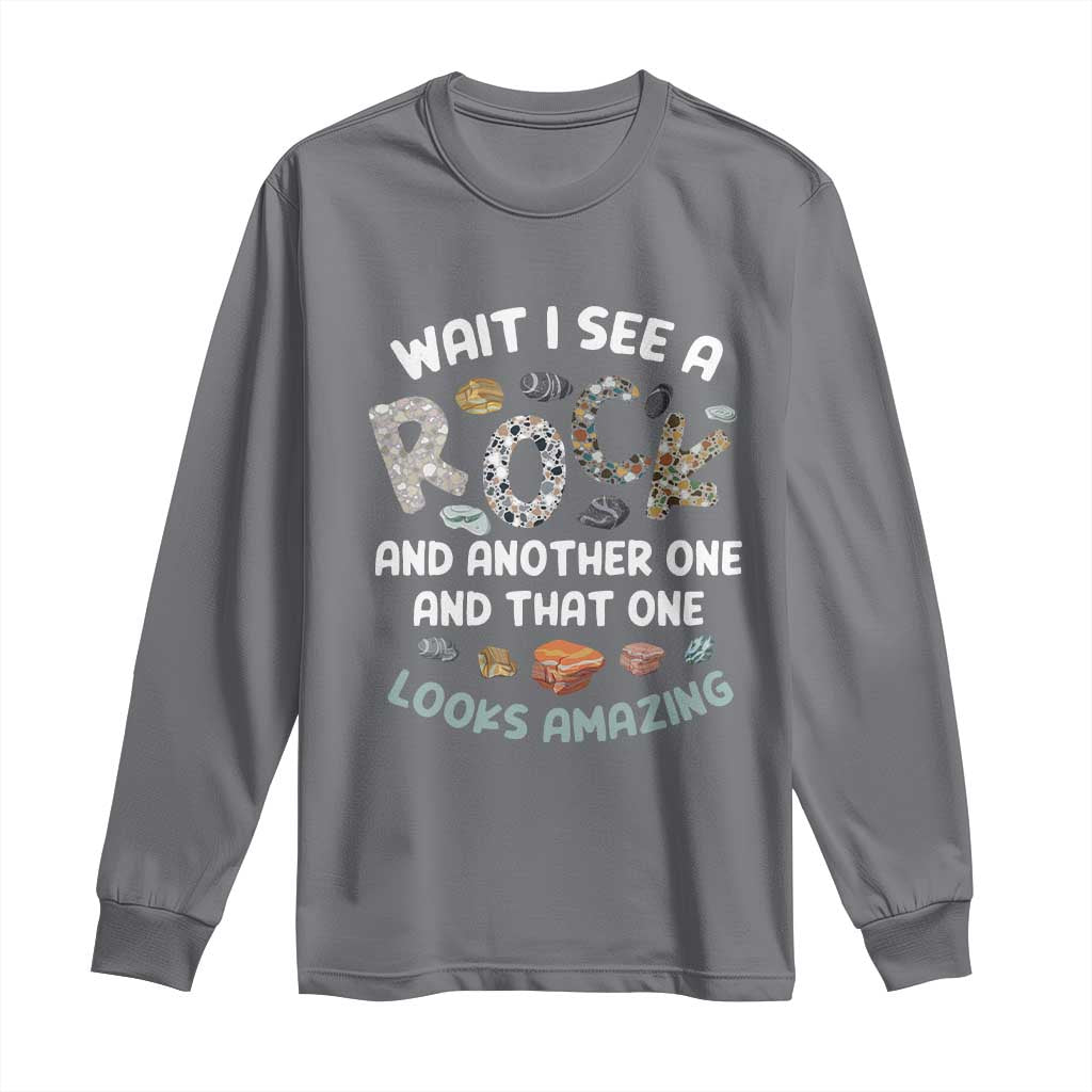 Charcoal gray long sleeve T-shirt with "Rock" graphic and geology-themed text design