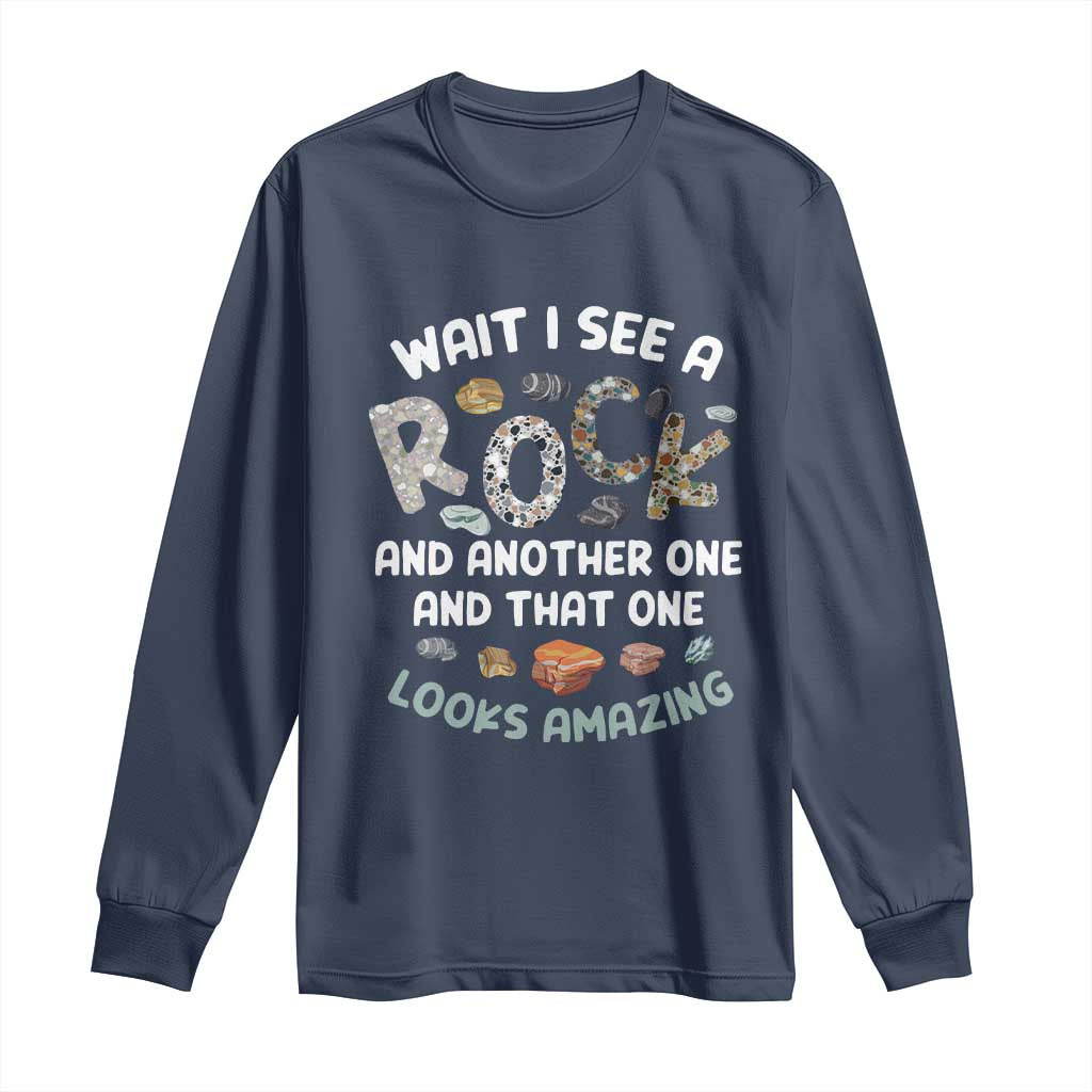 Navy long sleeve T-shirt with "Rock" graphic and geology-themed text design