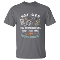 Charcoal rock collector T-shirt with colorful 'Wait I see a Rock' graphic print