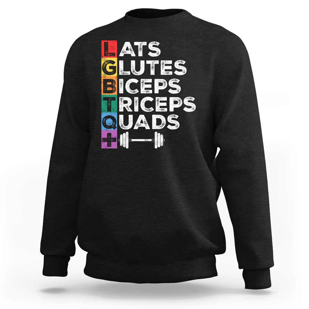 Black crewneck sweatshirt with colorful “LATS GLUTES BICEPS TRICEPS QUADS” graphic