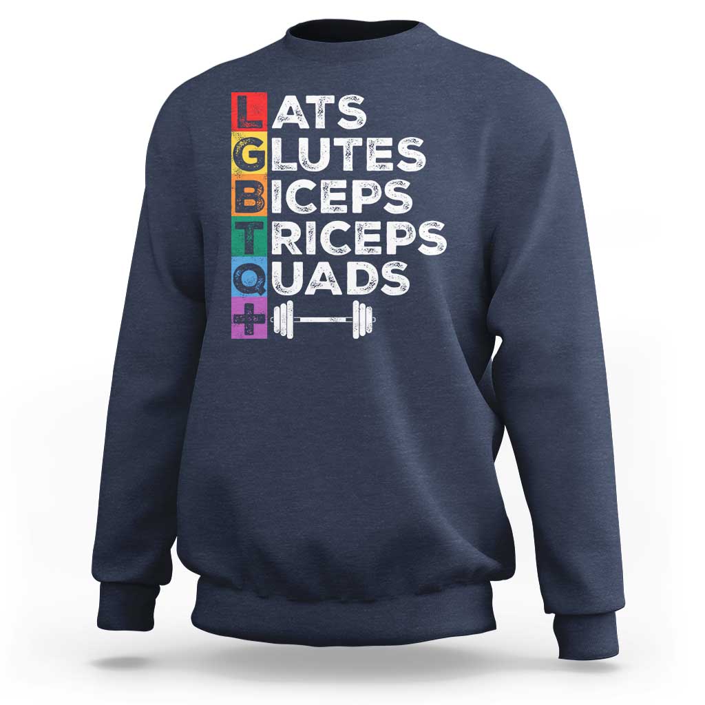 Navy crewneck sweatshirt with colorful “LATS GLUTES BICEPS TRICEPS QUADS” graphic