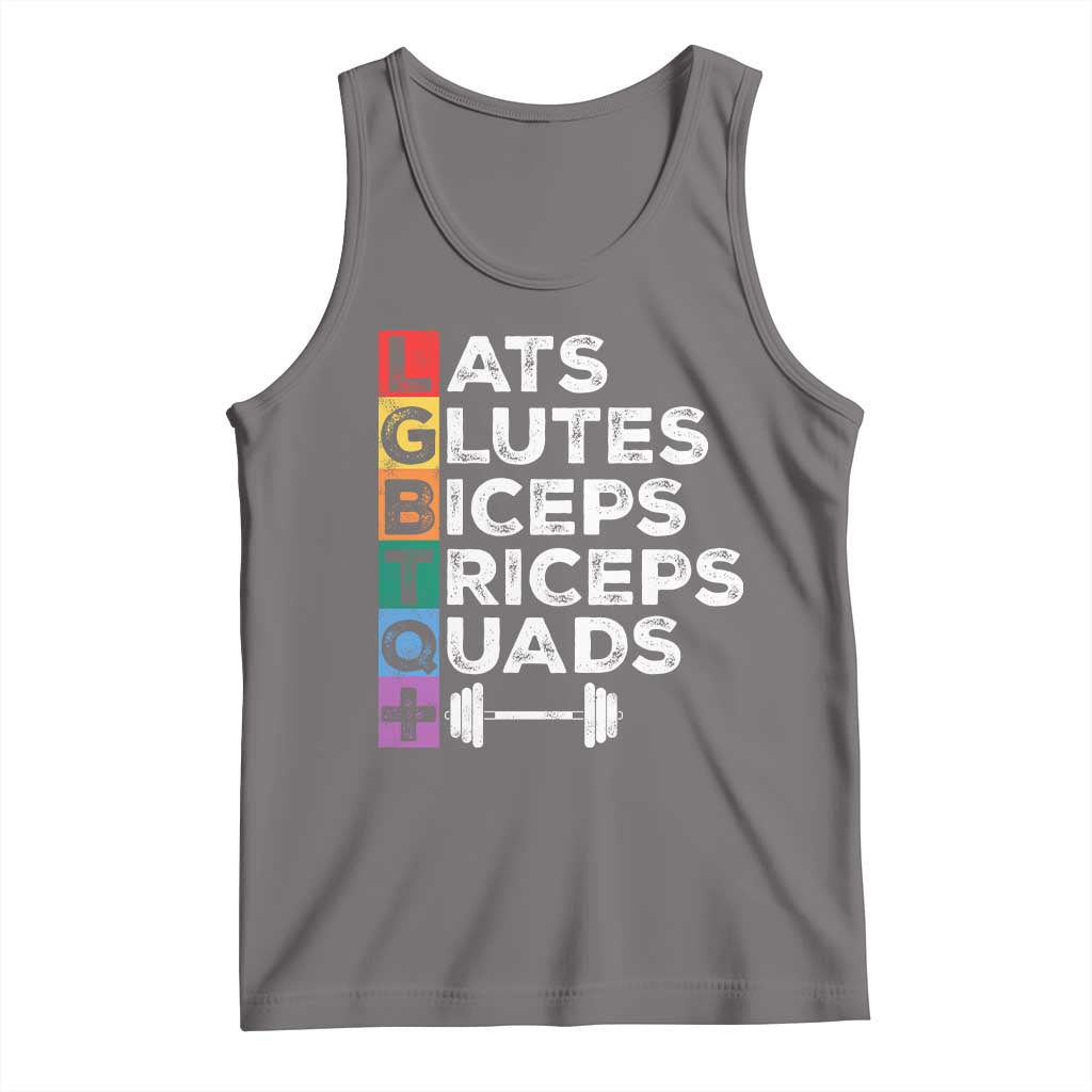 Grey gym tank top with colorful workout text and dumbbell graphic