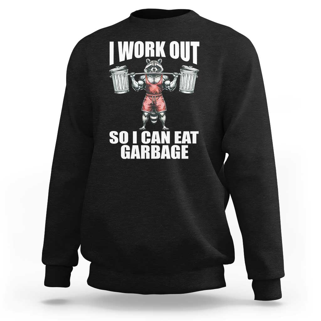 Black workout sweatshirt with front raccoon graphic and bold text print