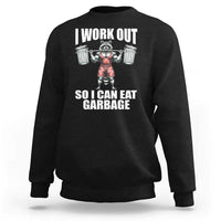 Black workout sweatshirt with front raccoon graphic and bold text print