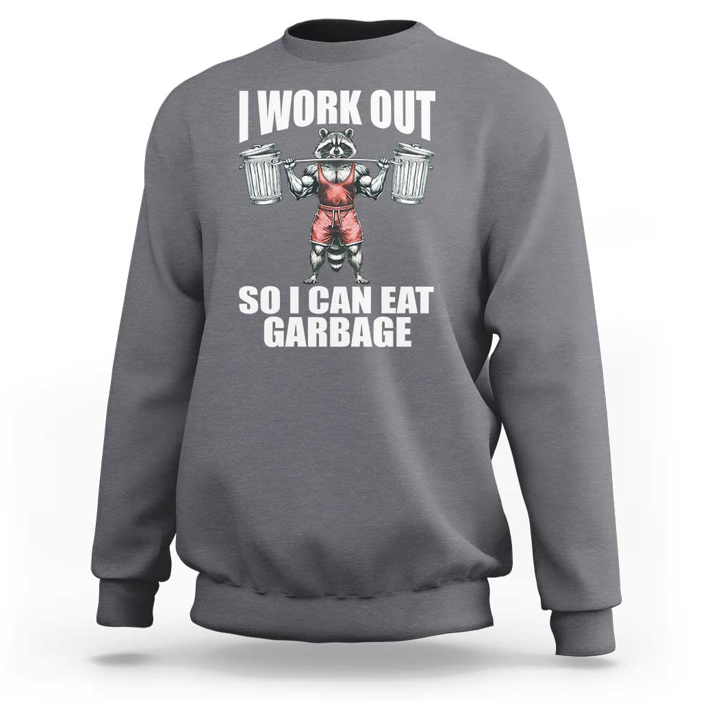 Charcoal gray workout sweatshirt with front raccoon graphic and bold text print