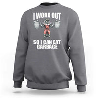 Charcoal gray workout sweatshirt with front raccoon graphic and bold text print