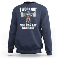 Navy workout sweatshirt with front raccoon graphic and bold text print