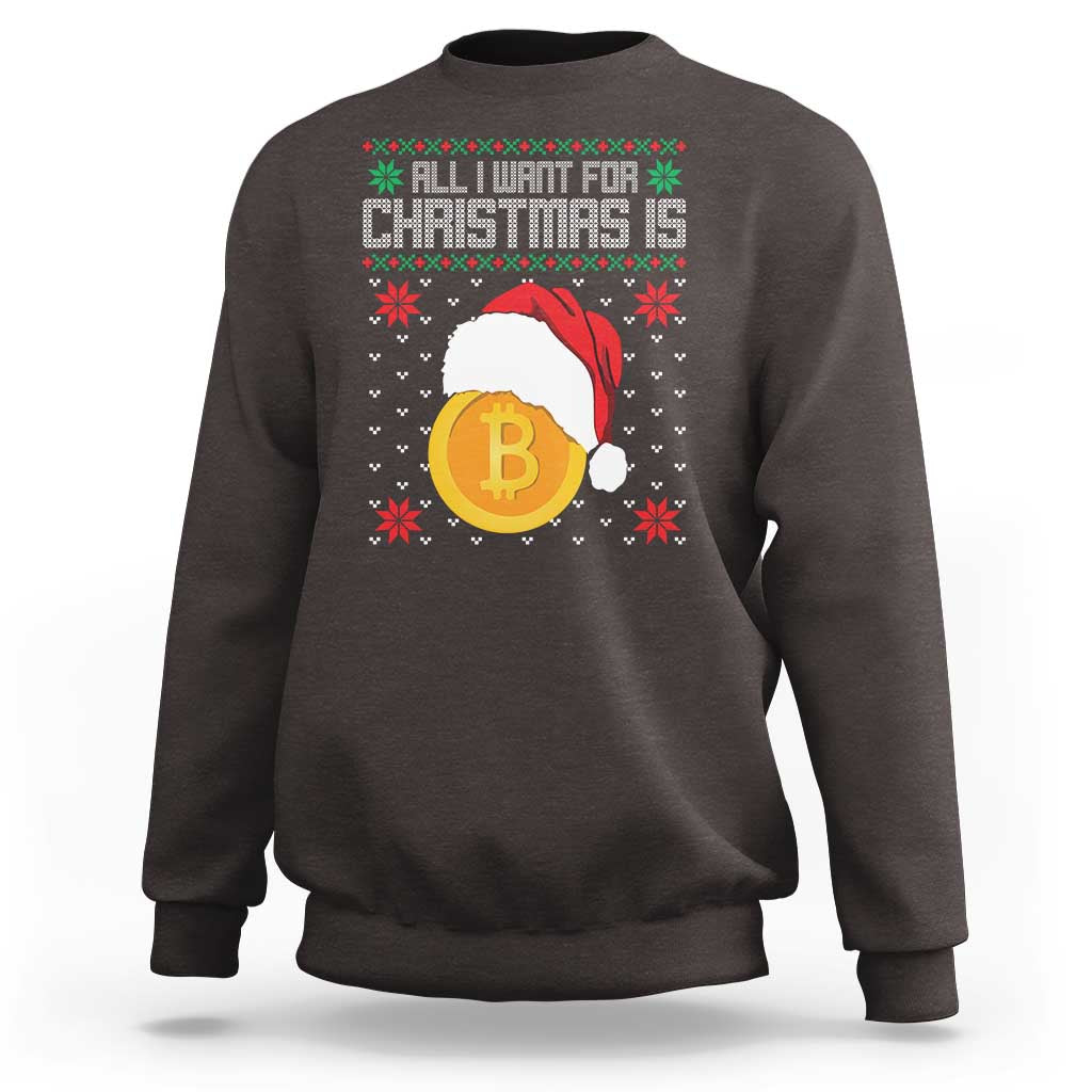 Dark chocolate Christmas Bitcoin sweatshirt with festive text and coin graphic