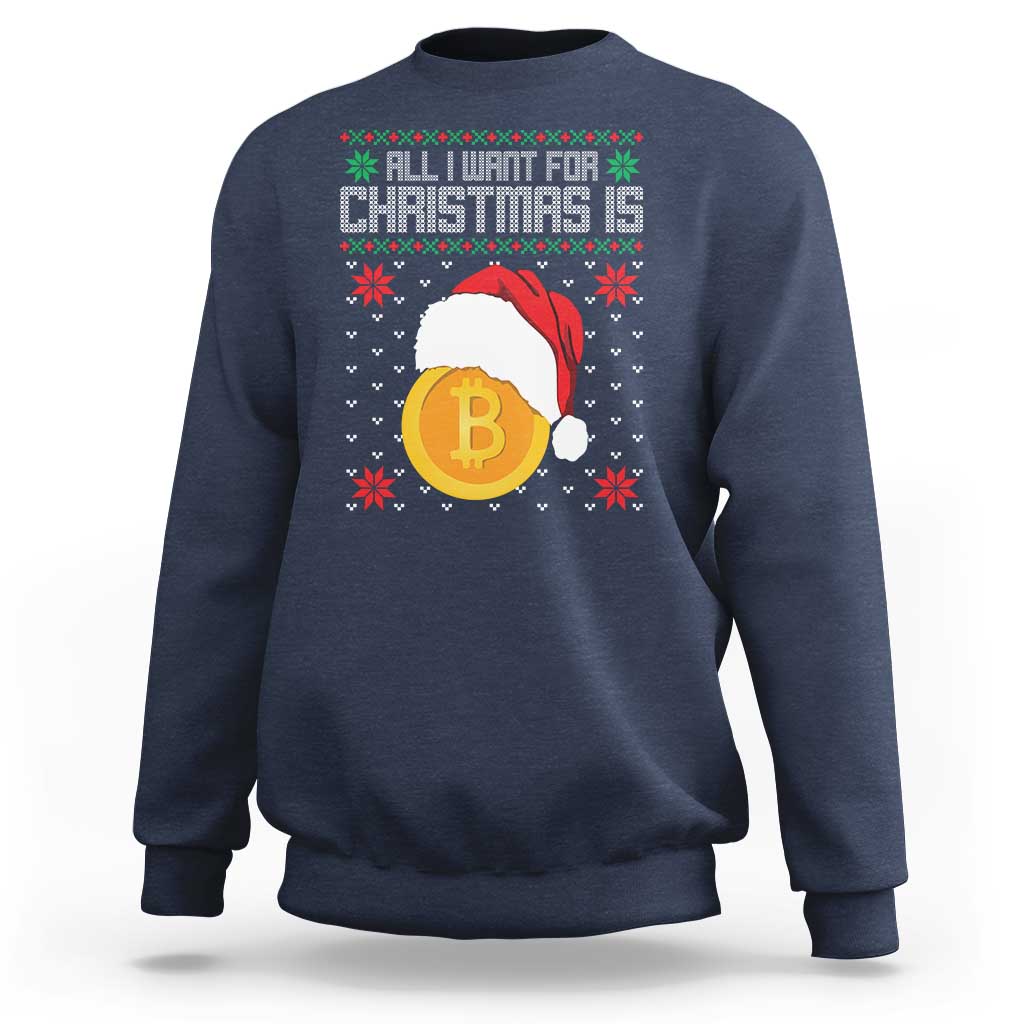 Navy Christmas Bitcoin sweatshirt with festive text and coin graphic